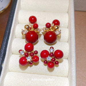 Red Beaded Floral Drop Stud Earrings in Two Designs