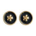 Black Enamel Round Camellia Stud Earrings Gold Rim view 5