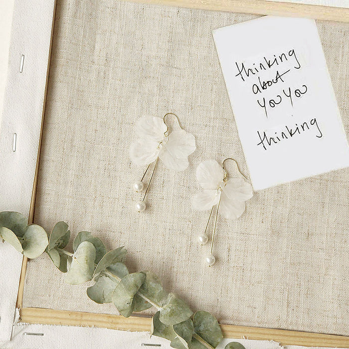 Gold Tone Translucent White Flower And Pearl Chain Drop Earrings