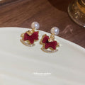 Red Flocked Horse and Pearl Drop Statement Stud Earrings view 2
