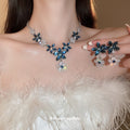 Deep Blue Flower And Teardrop Crystal Earrings And Necklace In Silver Tone view 4
