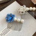Pearl Flower Hair Comb Blue Rose White Bead Styles view 2