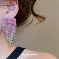 Pink Crystal Heart Fringe Stud Earrings with Polished Metal Tone Details view 3