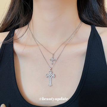 Silver Tone Layered Crystal Cross Pendant Necklace Set