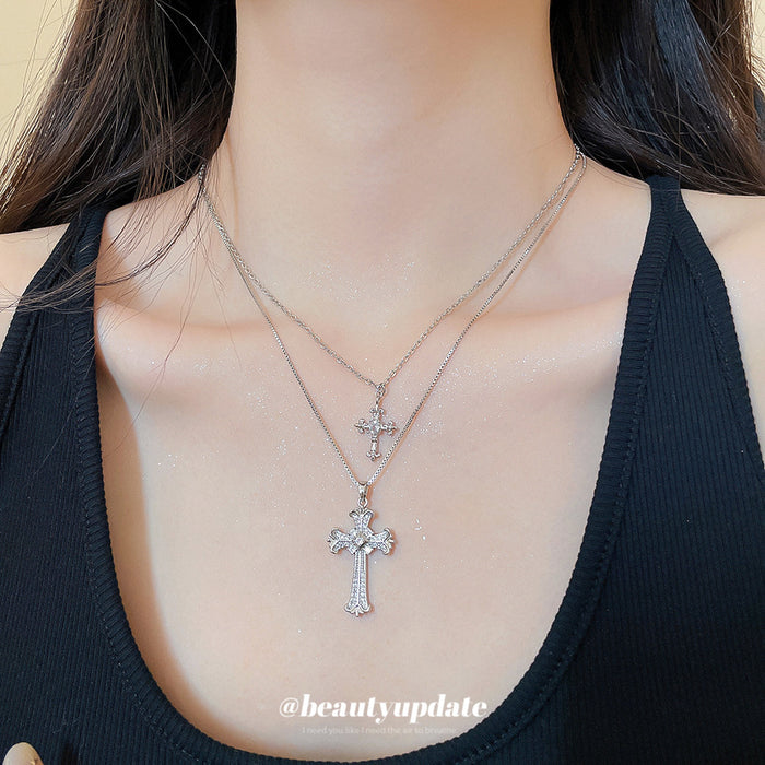Silver Tone Layered Crystal Cross Pendant Necklace Set