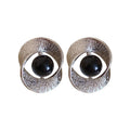 Silver Textured Round Stud Earrings with Black Centers view 5