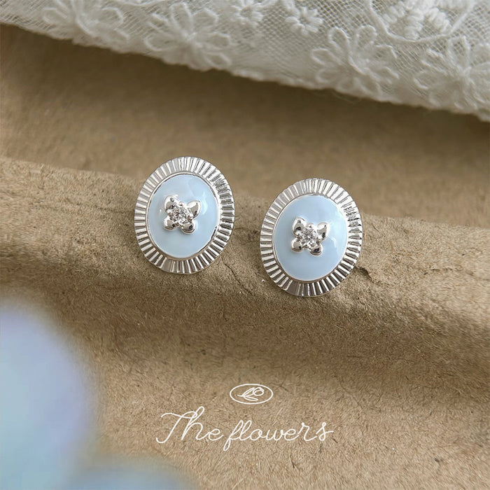 Silver-Tone Light Blue Enamel Oval Butterfly Stud Earrings