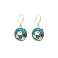 Teal Oval White Flower Red Accent Gold Tone Hook Earrings view 5