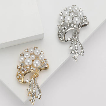 Pearl Bouquet Rhinestone Ribbon Brooch Silver Gold Tones