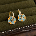 Gold Huggie Earrings Teal Orange Enamel Octagon Disc Pair view 3