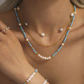 Gold Stainless Steel Freshwater Pearl Station Necklace view 3