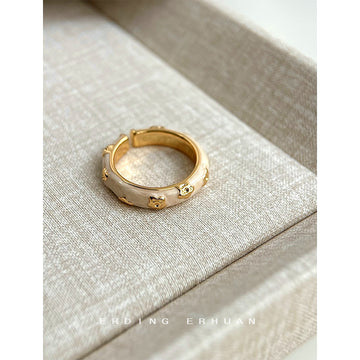 Gold Tone Open Adjustable Cream Enamel Flower Band Ring