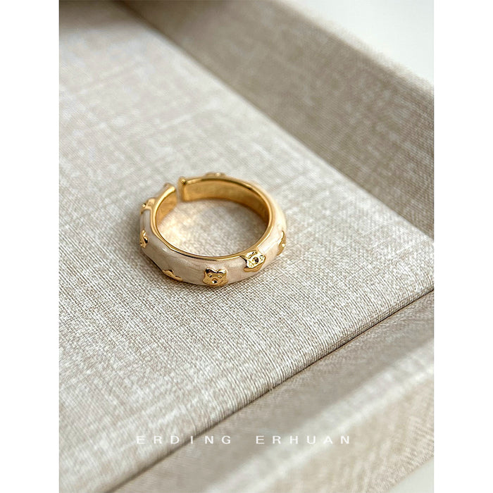 Gold Tone Open Adjustable Cream Enamel Flower Band Ring