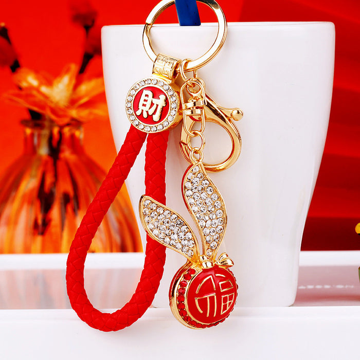 Jeweled Long Ear Fortune Medallion Keychains in Pink Red and Blue
