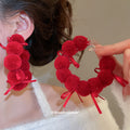 Red Velvet Bow and Pom Pom Earrings in Two Drop Styles view 4