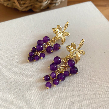 Purple Grape Bead Leaf Drop Earrings Fashion Jewelry Accessory