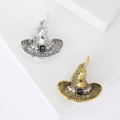 Front view showing the curled crystal witch hat brooch in gold or silver tone finish