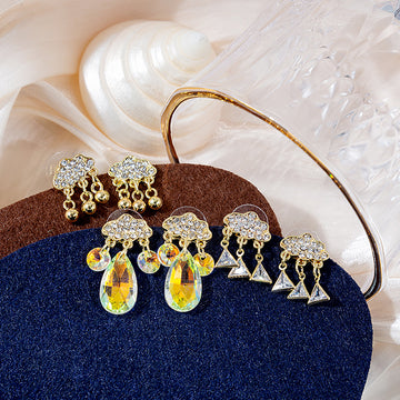 Gold Rhinestone Cloud Stud Earrings Crystal Metal Drops
