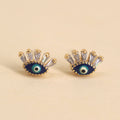Gold Tone Crystal Lash Blue Evil Eye Round Stud Earrings view 2