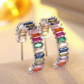 Silver Tone Multicolor Baguette CZ C-Shape Hoop Earrings view 1