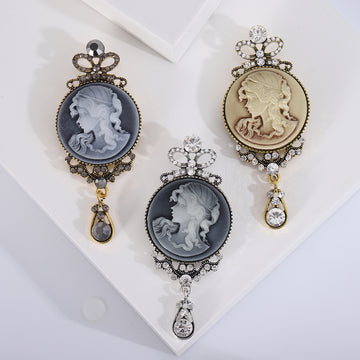 Cameo Portrait Crown Drop Brooch With Crystal Accents