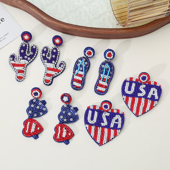 Seed Bead Patriotic USA Heart Cactus Flip Flop Dangle Earrings