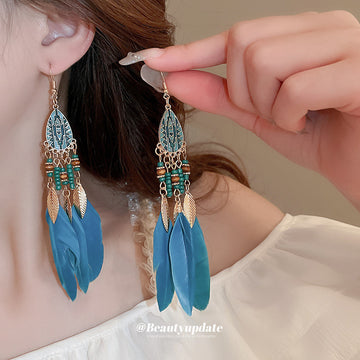 Blue Feather Tassel Hook Earrings In Three Designs
