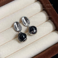 Silver Mirror Oval Black Bead Drop Stud Earrings Matching Pair view 1