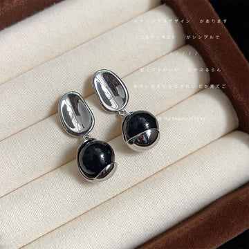 Silver Mirror Oval Black Bead Drop Stud Earrings Matching Pair