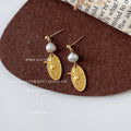 Matte Gold Cherub Medallion Drop Earrings Baroque Pearls view 1