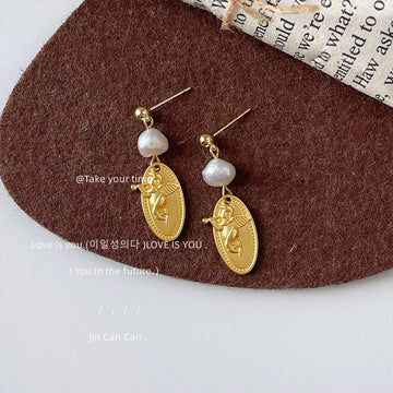 Matte Gold Cherub Medallion Drop Earrings Baroque Pearls