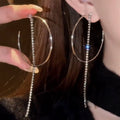 Silver Tone Open Hoop Earrings with Long Crystal Chain Tassels view 6