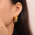 Ribbed Capsule Stud Earrings Rhinestone Bands Gold Steel view 3