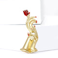 Gold Silver Tone Hand Holding Red Rose Enamel Brooch view 3