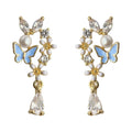 Gold Blue Butterfly Pearl Flower CZ Drop Earrings Pair view 5