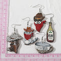Silver Tone Western Cat Hat Bottle and Cup Acrylic Hook Earrings view 5