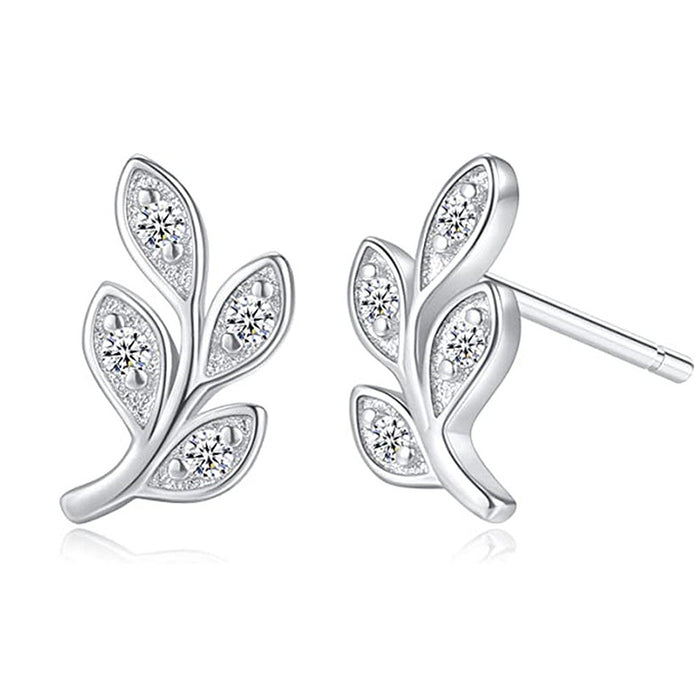 Three-Leaf Clear CZ Stud Earrings Gold Silver Tones