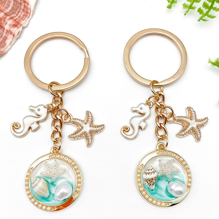Six Seafoam Shell Starfish Ocean Metal Keychain Designs