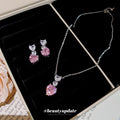 Pink Clear Heart Crystal Necklace Earring Silver Tone Set view 3