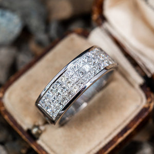 White Metal Three-Row Princess Cut Band Ring Sizes 6-10