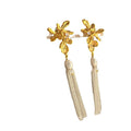 Gold Floral Branch Earrings with Pearl and Chain Tassels view 5