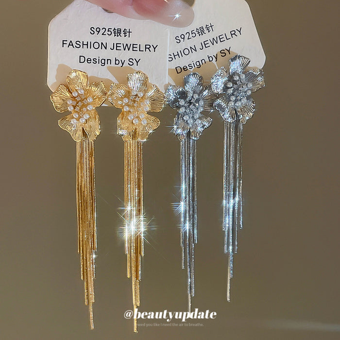 Crystal Flower Multi Chain Tassel Stud Earrings With Polished Metal Details