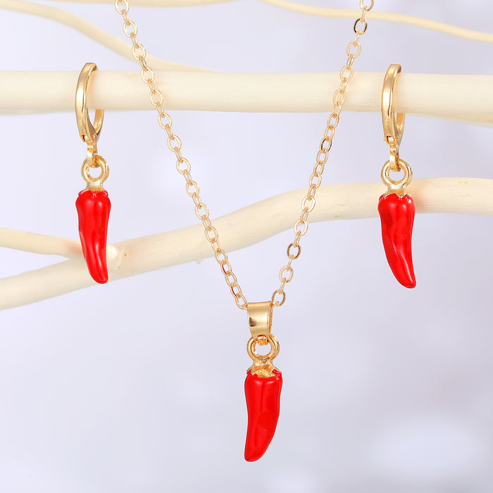 Gold Tone Red Chili Pepper Pendant Necklace and Huggie Earrings