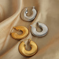 Ribbed Fan Hoop Earrings Polished Gold Or Steel Tone Metal view 4