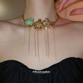 Gold Tone Floral Choker Necklace with Green Shell and Chain Fringe view 3