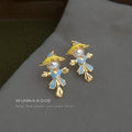 Gold Tone Blue Outfit And White Pearl Scarecrow Stud Earrings view 6