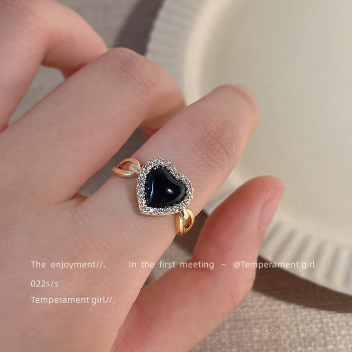 Gold-Tone Open Adjustable Black Heart CZ Halo Band Ring