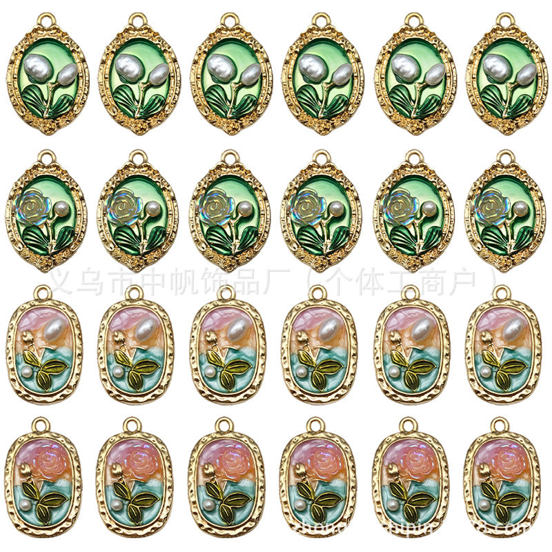 French Vintage Enamel Zinc Alloy Oil Painting Flower Charm Pendant for DIY Earrings Necklace