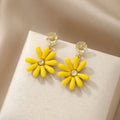 Yellow Daisy Flower Gold Tone Long Dangle Stud Earrings view 4
