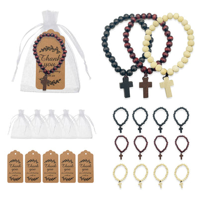 A collage shows three cross bracelets, an organza bag, and printed thank-you tags.